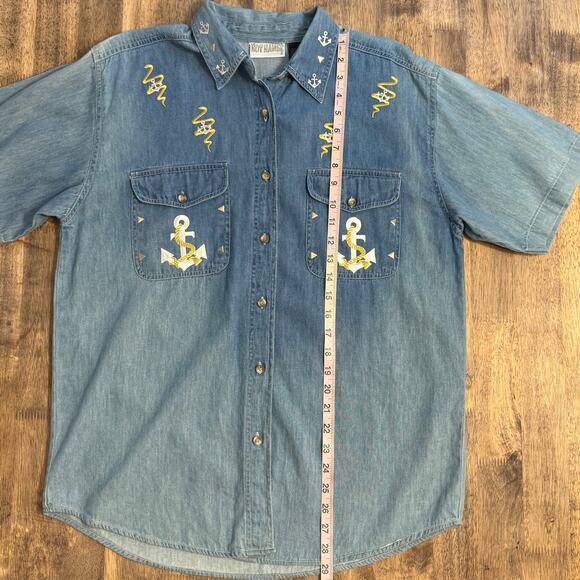 Hot Names VTG Grandmacore Anchor Rope Nautical Denim Shirt Size Unisex Medium - Picture 7 of 8